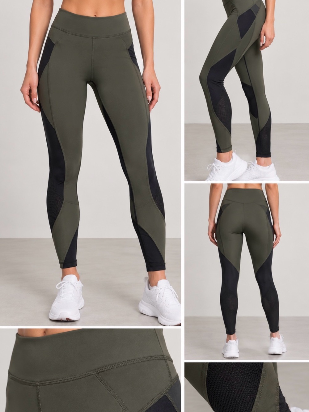 High-Rise Olive Green & Black Sculpting Leggings with Mesh Panels size M